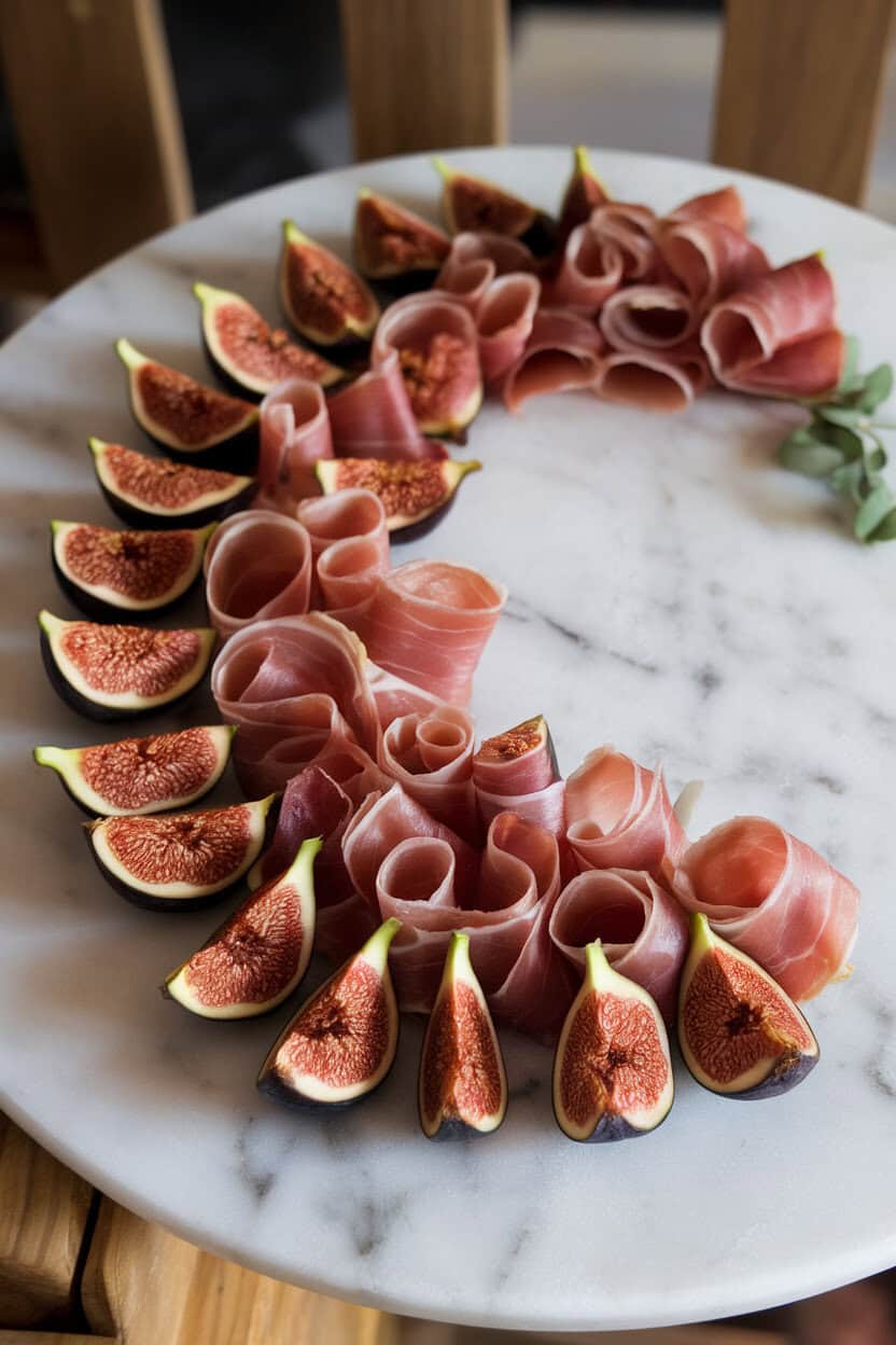 Indoor photo of halved fresh figs wrapped in thin prosciutto ribbons, arranged in a crescent shape on a marble board. No text or logos.