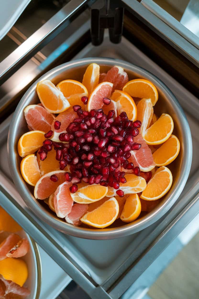 An indoor buffet setup featuring a shallow salad bowl of orange and grapefruit segments with ruby pomegranate arils scattered on top. Overhead lighting captures the jewel-like colors; no text or logos. Photo only.