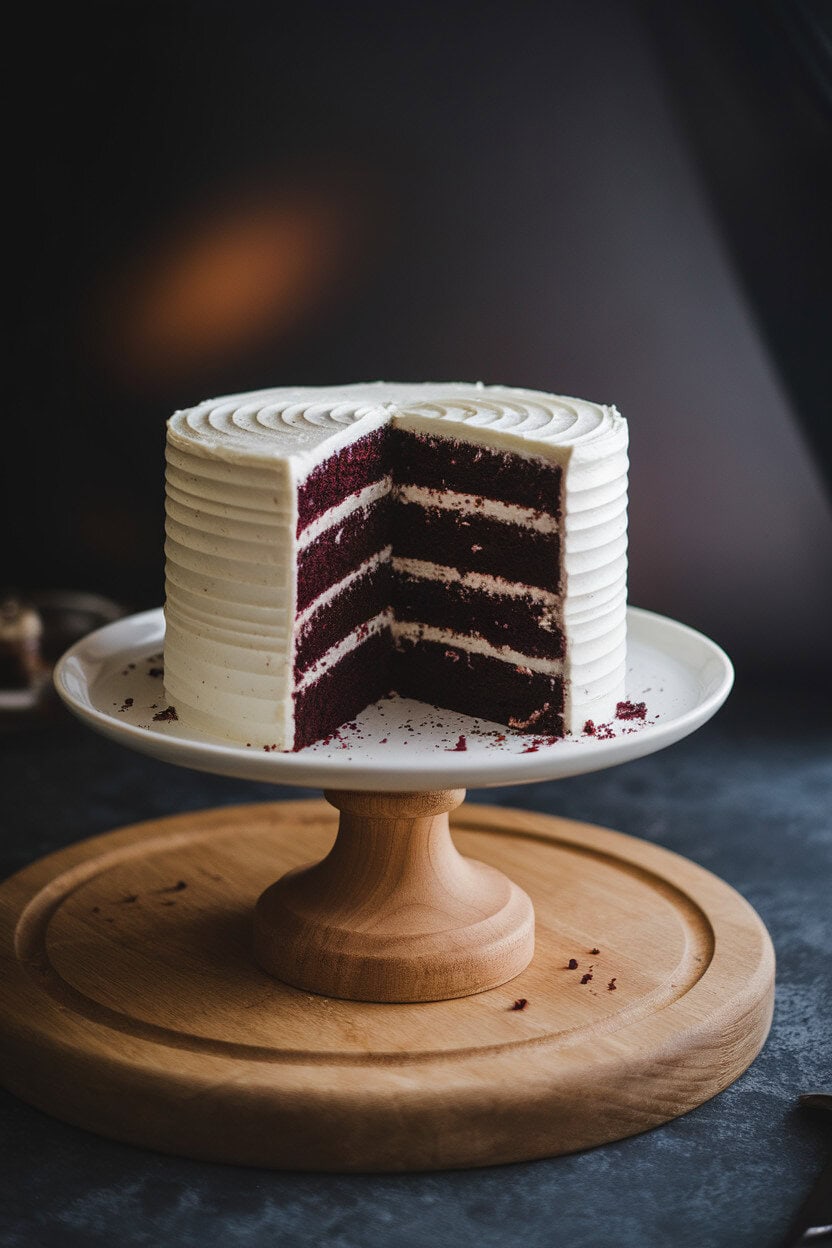 Photo, not illustration — indoor cake stand with a sliced black velvet layer cake frosted in white cream cheese icing, crumbs scattered artfully; subtle spotlight, no text or logos