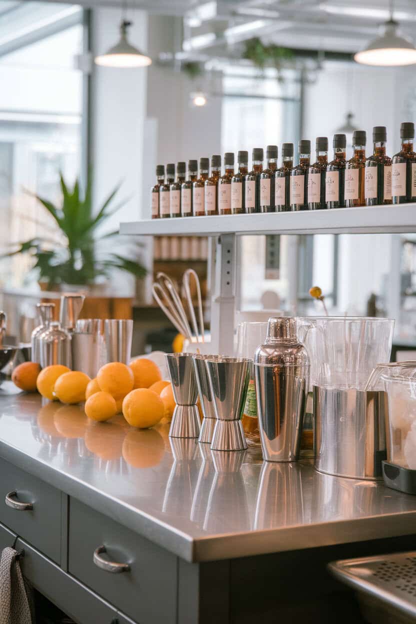 Indoor kitchen island set with jiggers, shakers, citrus, and bitters bottles ready for a hands-on class, no text or logos visible.