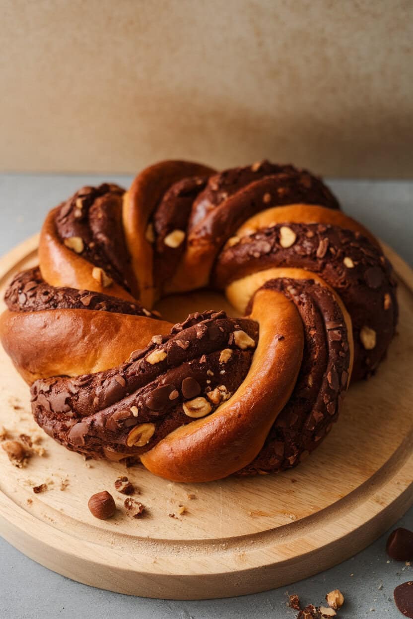 Indoor shot of a twisted loaf of chocolate hazelnut babka on a wooden board, glossy swirls visible, crumbs scattered. No text or logos. Photo, not illustration.