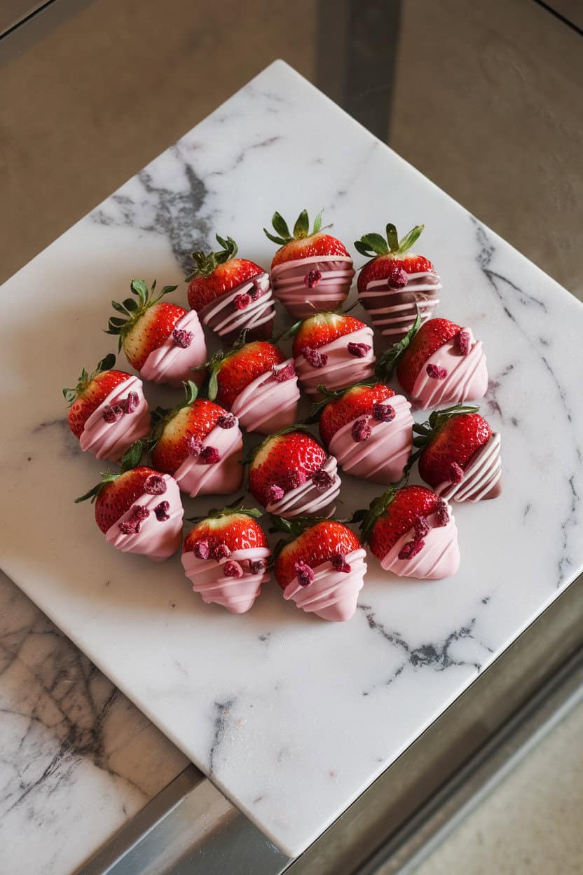 Photo prompt: Indoor marble slab displaying strawberries half-dipped in pink ruby chocolate and sprinkled with freeze-dried berries, no text or logos.