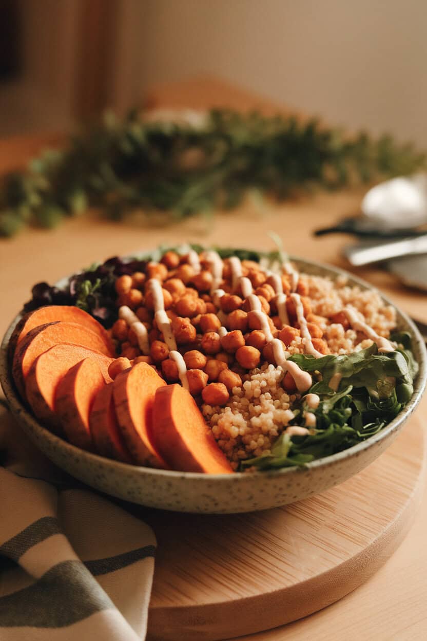 Photo of a wide bowl arranged with roasted sweet potato rounds, crispy chickpeas, quinoa, and greens, sesame dressing drizzled on top, indoor lighting. No text or logos.