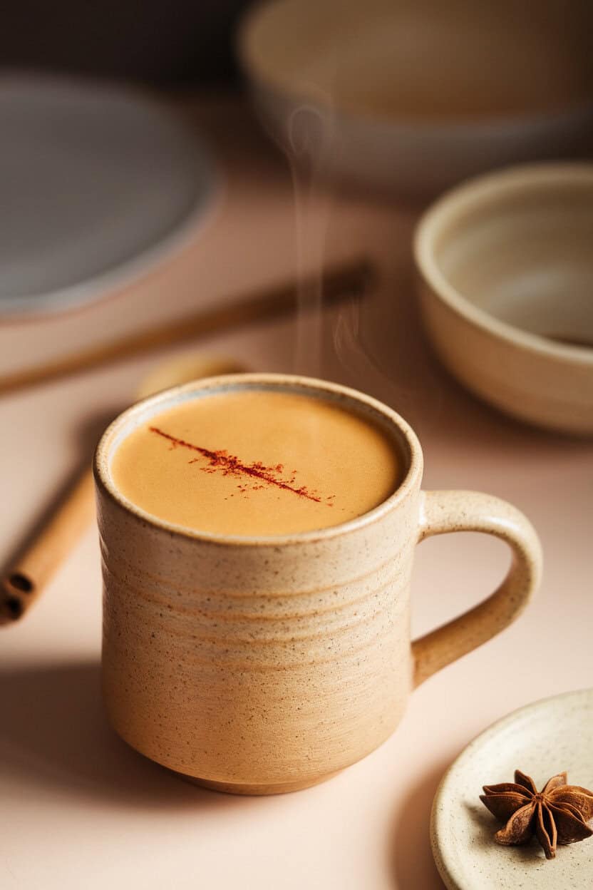 Indoor ceramic mug with warm golden drink, thin thread of saffron floating, steam rising gently. No text or logos.