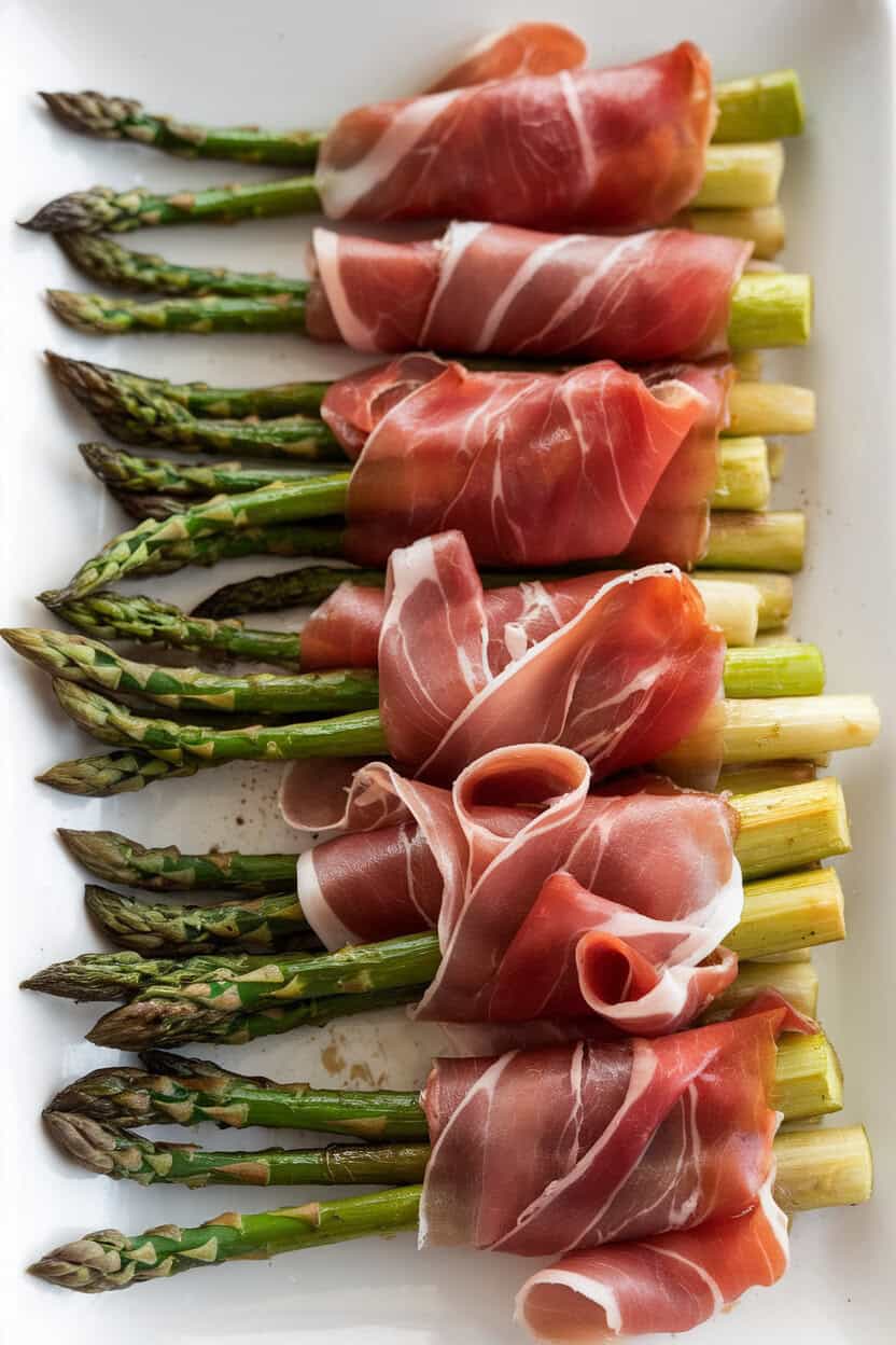 An indoor sheet-pan photo of roasted asparagus wrapped in thin prosciutto ribbons, edges lightly crisped, served on a white platter. No text or logos visible.