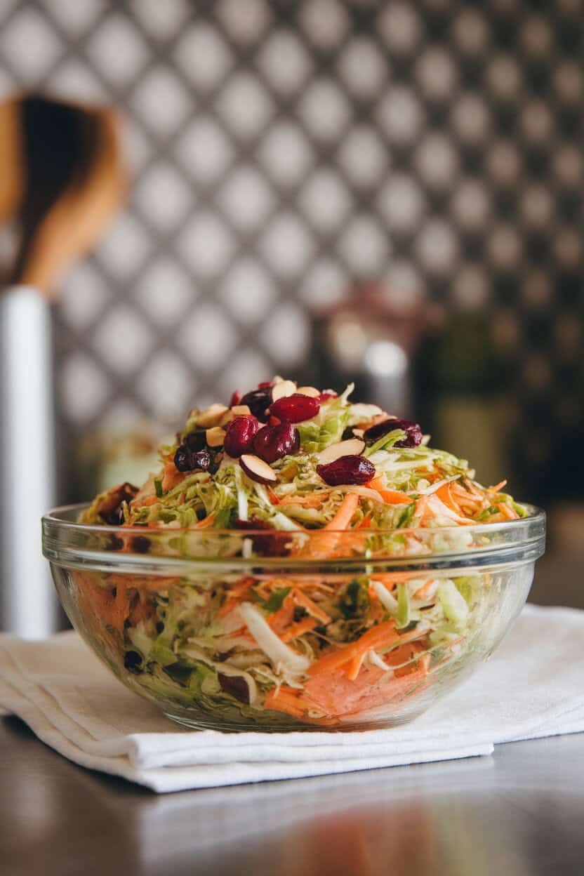 A bowl of shredded Brussels sprout slaw with cranberries and almonds on an indoor counter. No text or logos. Photo, not illustration.
