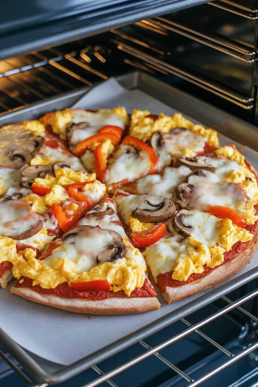 Indoor oven tray displaying a breakfast pizza topped with scrambled eggs, bell peppers, mushrooms, and melted mozzarella, cut into squares. No text or logos. Photo, not illustration.