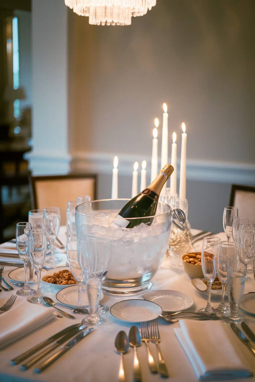Indoor dining table set for a party with a large magnum of champagne placed in an ice bucket at center, candles flickering nearby, no text or logos visible.