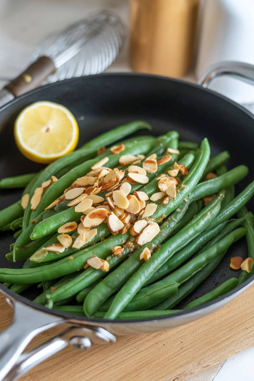 An indoor skillet with tender green beans tossed in browned butter and toasted almond slices, lemon wedge nearby; photo, no text or logos.