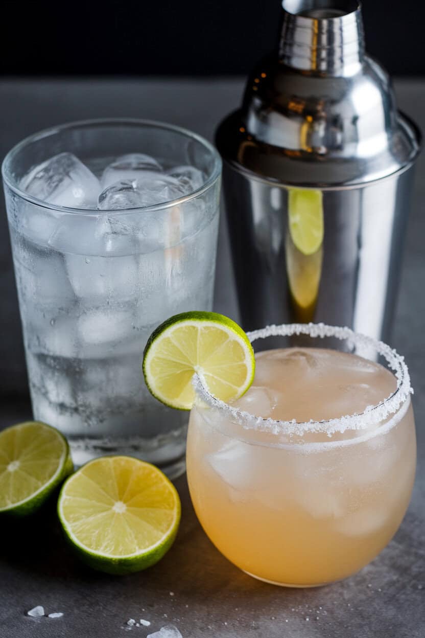 Indoor cocktail shaker, sliced limes, and a salt-rimmed stemless glass filled with pale gold champagne margarita, no text or logos present.