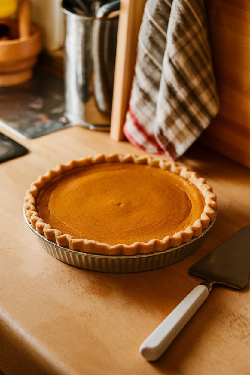 A warmly lit indoor kitchen counter showcasing a golden pumpkin pie with a neatly crimped crust, a pie server resting nearby. No text or logos.