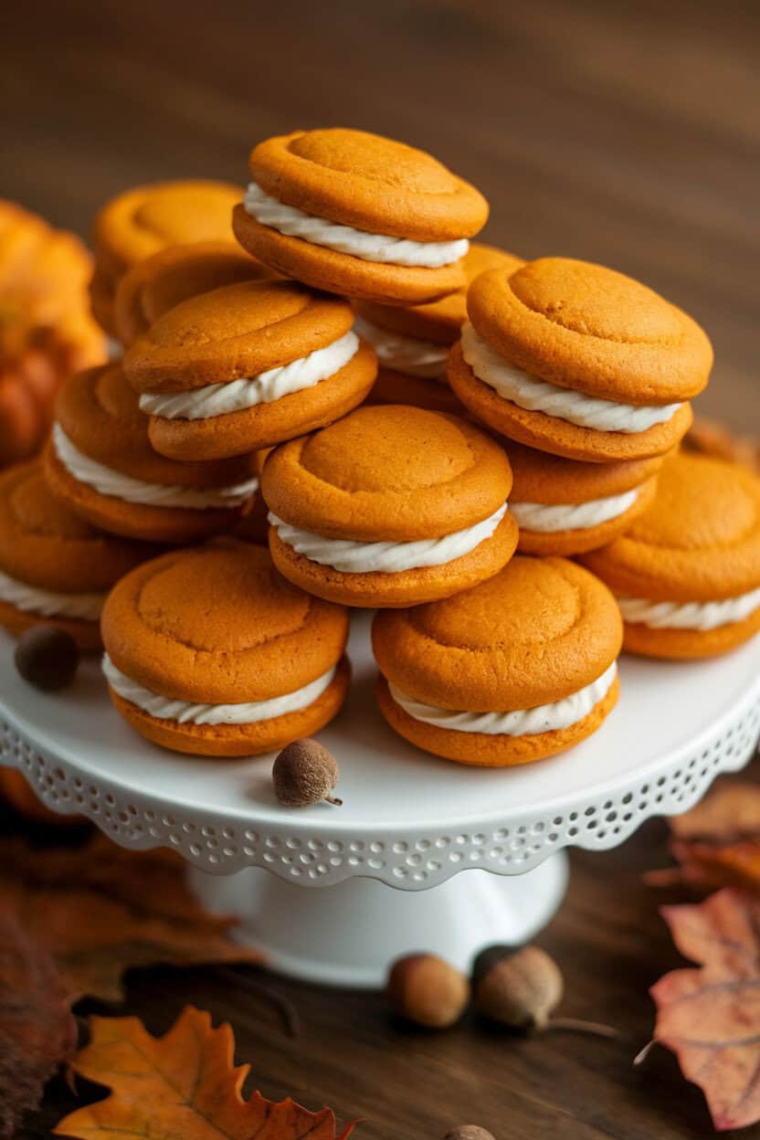 Photo, not illustration. Indoor cake stand filled with round pumpkin whoopie pies sandwiching cream cheese filling. Warm fall tones, no branding in sight.