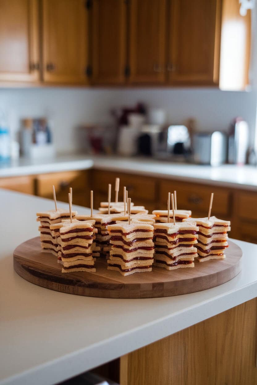 A kitchen island displaying small star-shaped peanut butter and jelly sandwiches stacked neatly on a wooden board, no text or logos, photo style