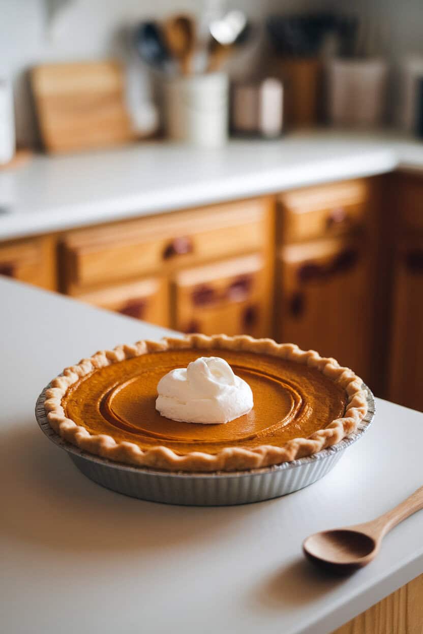An indoor kitchen island featuring a perfectly set pumpkin pie with a flaky crust and a dollop of whipped cream in the center; no text or logos. Photo.