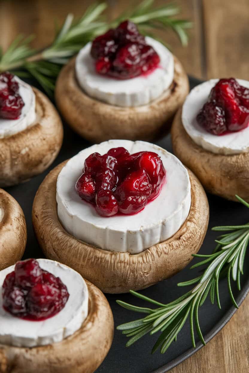 Photo indoors of a holiday platter featuring mushrooms oozing brie with a jewel-toned cranberry dollop on top, sprigs of rosemary nearby. No text or logos.