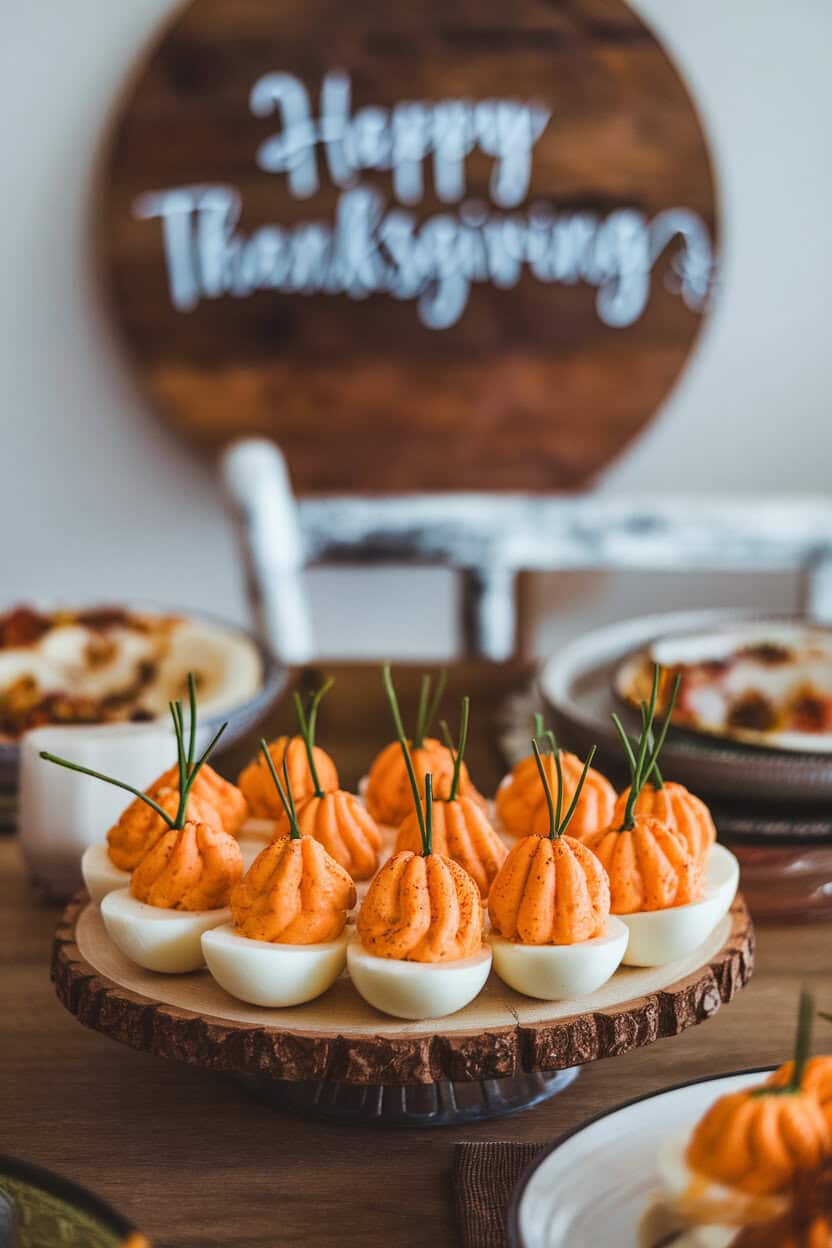 An indoor dining table featuring deviled eggs tinted orange with paprika and food-safe coloring, each piped into ridged “pumpkin” shapes and topped with tiny chive “stems.” No text or logos; photo only.