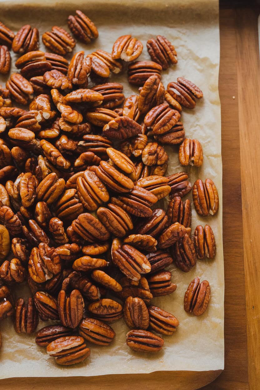 An indoor wooden table scattered with glossy maple-glazed pecans cooling on parchment, overhead light highlighting their caramel color, no branding visible.