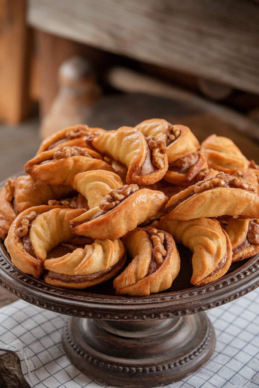 An indoor bakery board with crescent-shaped rugelach cookies filled with cinnamon-sugar and walnuts, a light glaze shimmering. No text or logos. Photo, not illustration.
