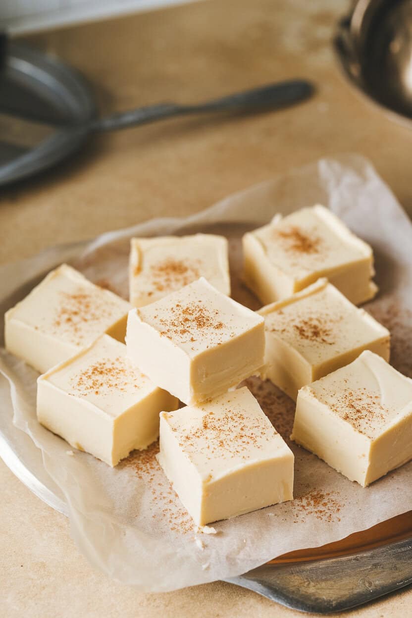 An indoor countertop displaying neat squares of creamy white eggnog fudge on parchment, flecked with nutmeg. No text or logos appear. Photo, not illustration.