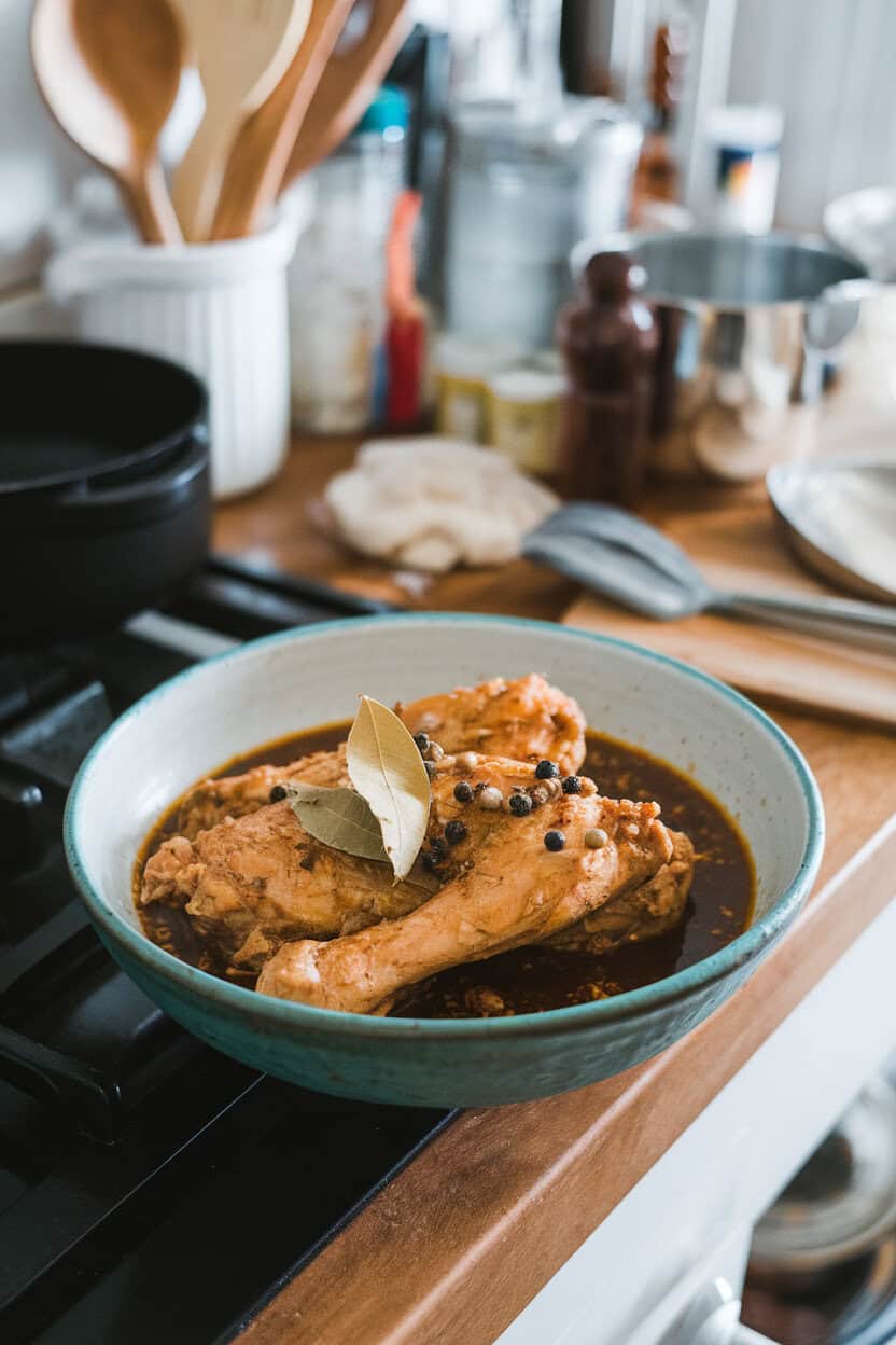 An indoor kitchen island holding a shallow bowl of Filipino chicken adobo with bay leaves and peppercorns visible in the soy-vinegar sauce; no text or logos; photo