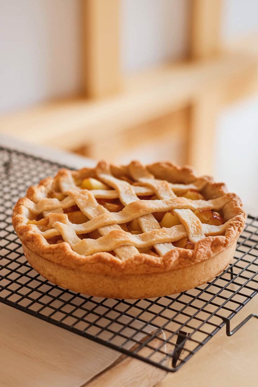 A lattice-topped apple pie on a cooling rack indoors, juices bubbling through the crust. No text or logos. Photo, not illustration.