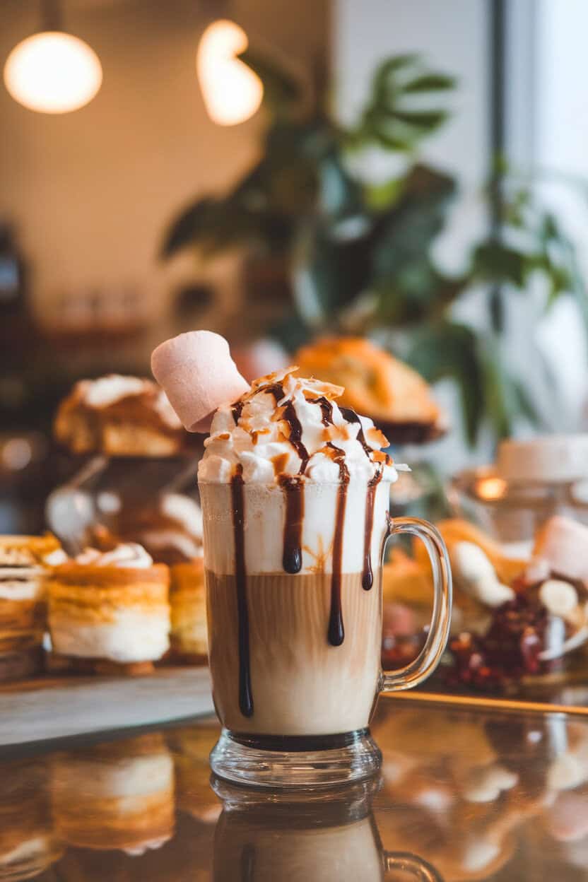 Indoor coffee bar scene with a tall mug of coffee topped with whipped cream, toasted coconut flakes, and chocolate drizzle; no text