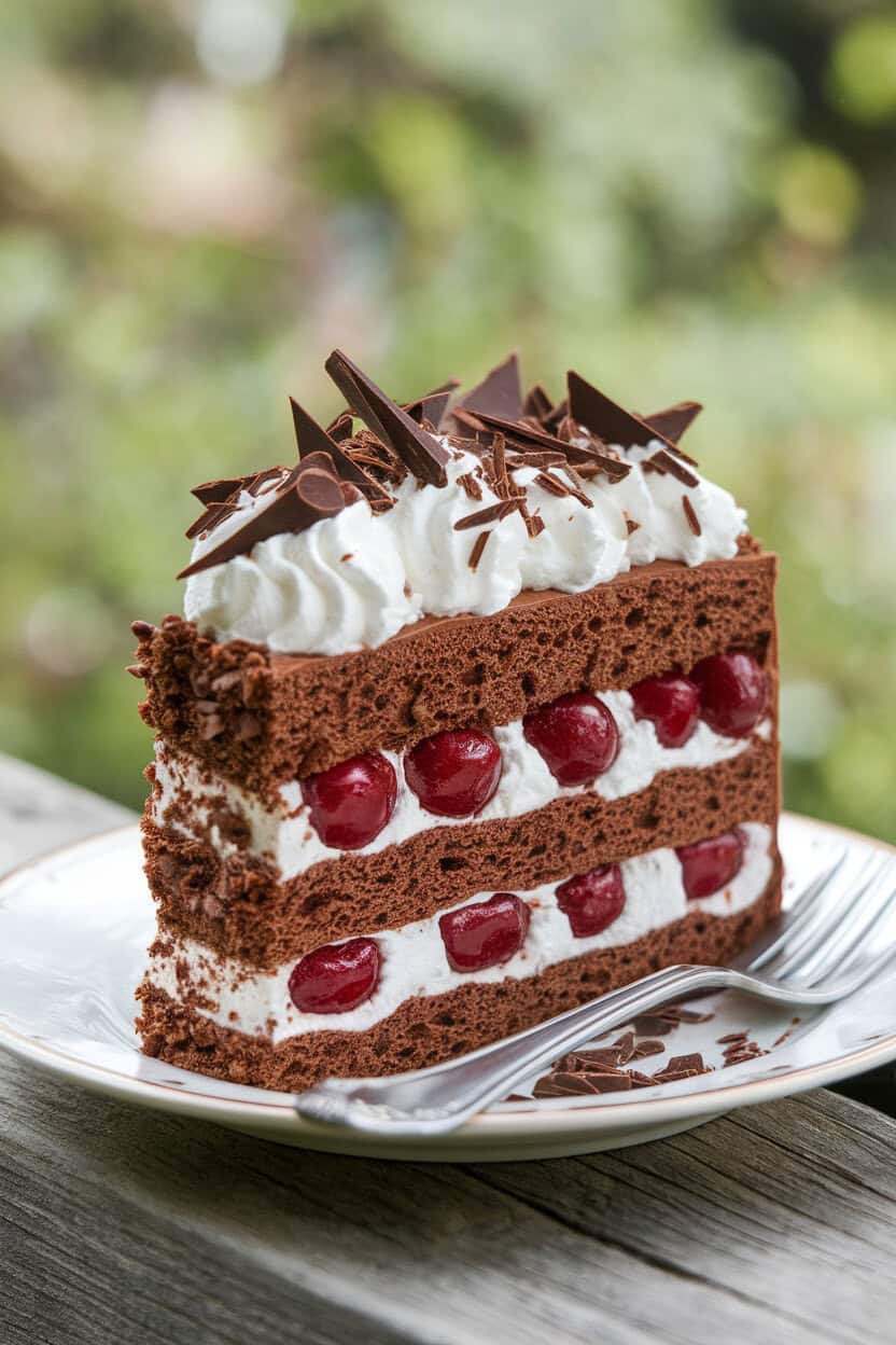 Indoor plate featuring a slice of chocolate sponge layered with cherries and whipped cream, dark chocolate shavings scattered on top. Photo only; no logos or text.