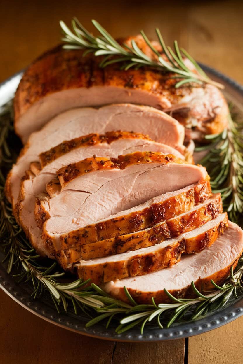 Indoor photo of sliced roast turkey breast on a platter, rosemary sprigs tucked alongside. No text or logos. Photo, not illustration.