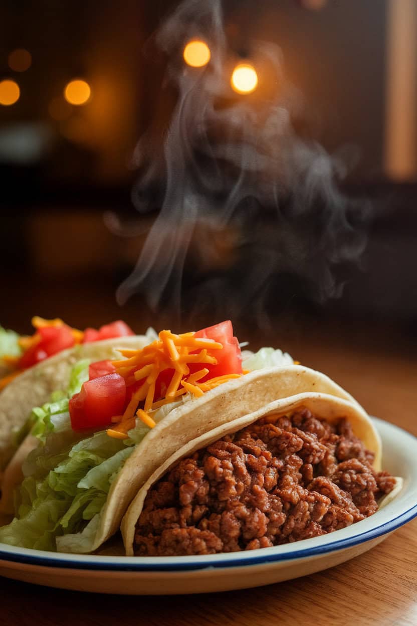 Indoor photo of a warm plate of seasoned ground beef tucked into soft corn tortillas, topped with shredded lettuce, diced tomatoes, and a sprinkle of cheddar cheese. Steam drifts upward under cozy kitchen lighting, no text or logos visible.
