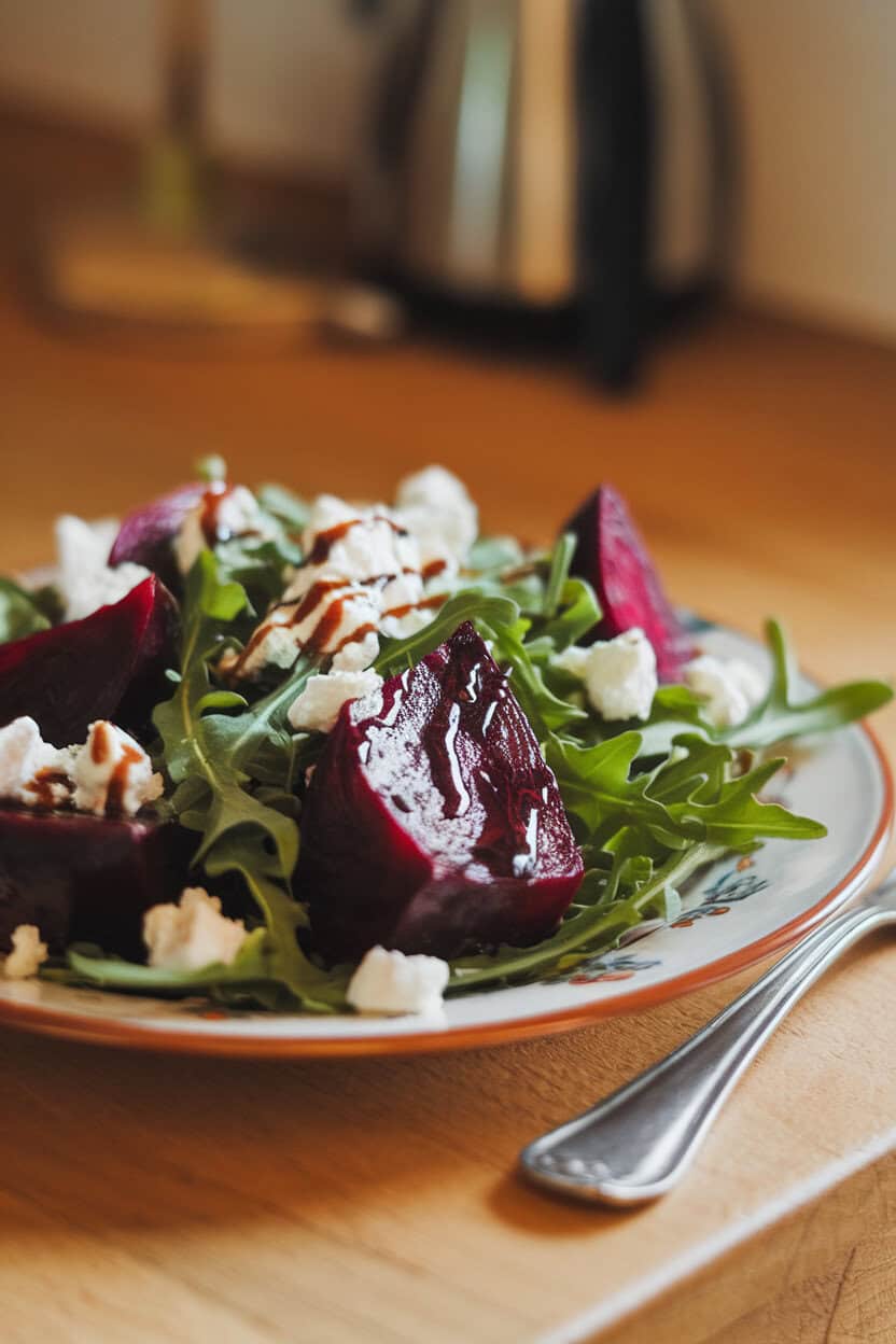 A salad plate with ruby roasted beet wedges, crumbled goat cheese, and arugula drizzled with balsamic, indoor lighting, no text or logos.