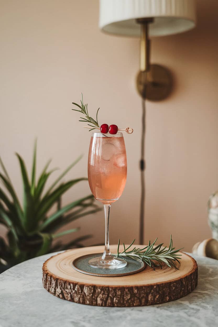 Photo of a flute indoors, rose-tinted French 75 with tiny cranberry skewered on rosemary pick. No text or logos.