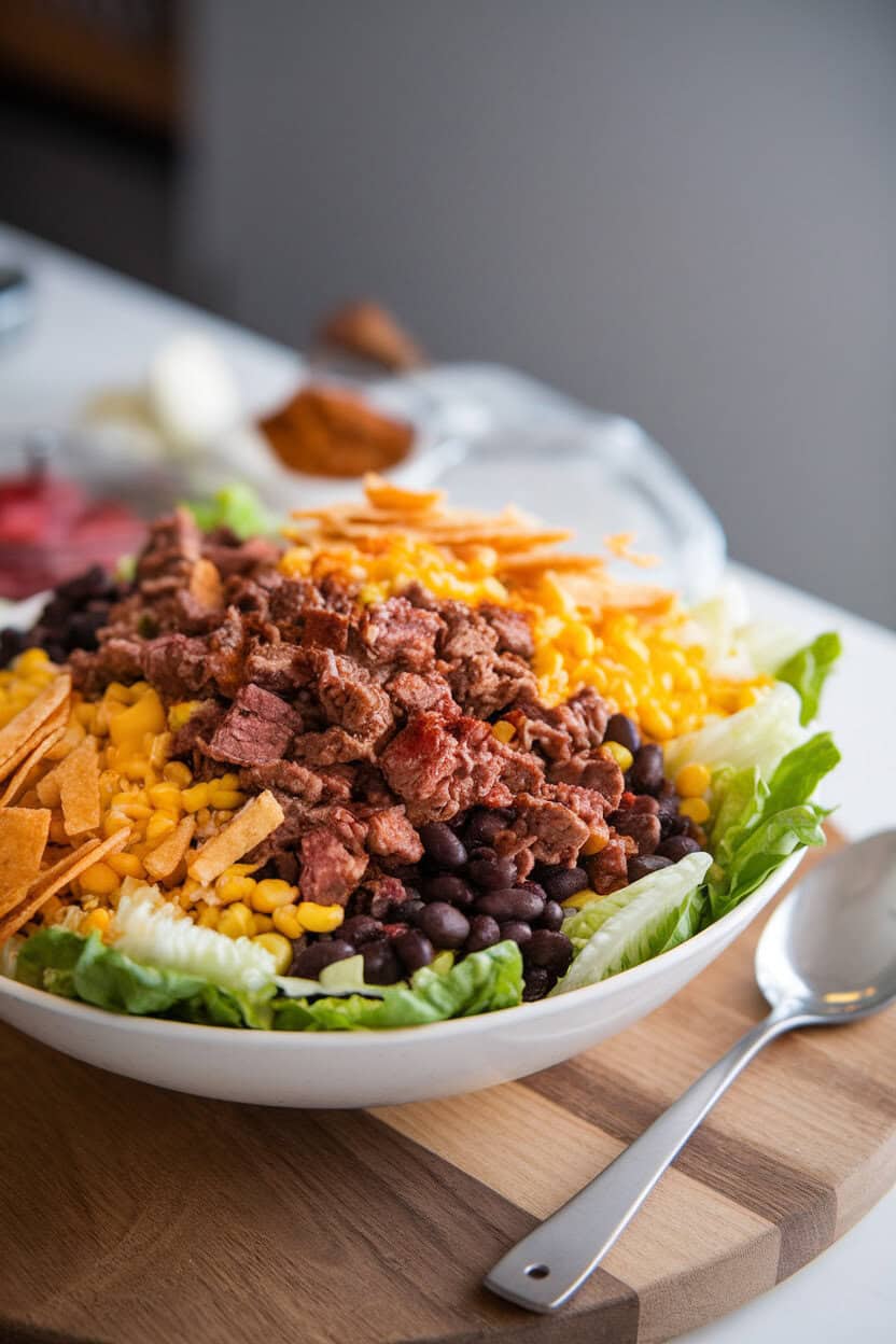 Indoor photo of a wide salad bowl loaded with romaine, seasoned beef, black beans, corn, shredded cheese, and crisp tortilla strips. No text or logos visible.