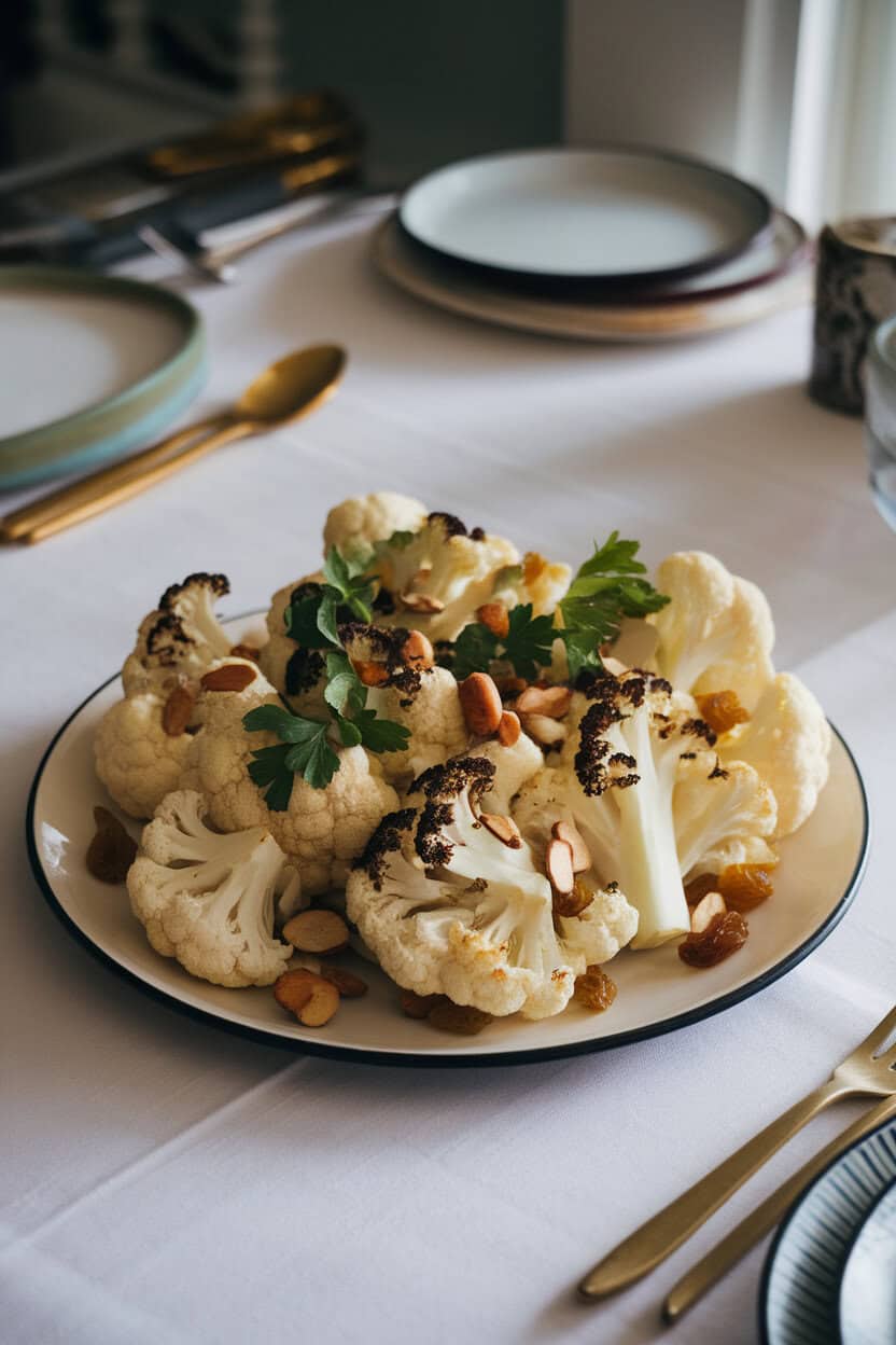 An indoor dining setting displaying a platter of dark-edged cauliflower florets, toasted almonds, parsley, and golden raisins, lightly dressed. No text or logos; photo, not illustration.