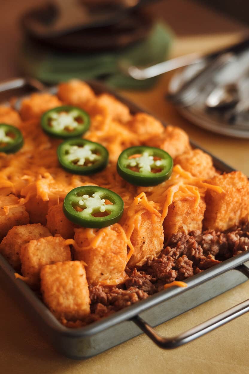A warmly lit indoor table with a rectangular pan of taco tater tot casserole, rows of crispy tots over seasoned beef and cheese, garnished with sliced jalapeños. Photo only, no text or logos.