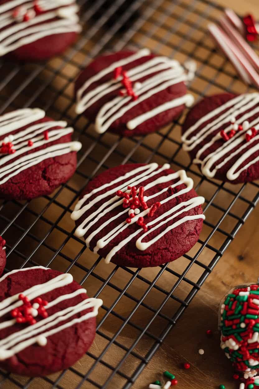 Indoor image of deep red cookies topped with white chocolate drizzle on a cooling rack, festive sprinkles nearby; no logos shown.