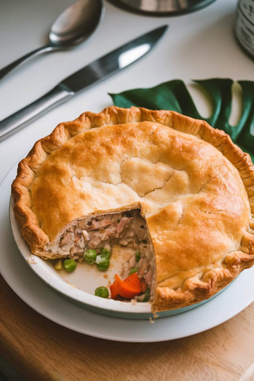 Indoor kitchen counter showing a golden-brown turkey pot pie with flaky crust, a slice removed to reveal creamy filling with peas and carrots. Photo only, no text or logos.