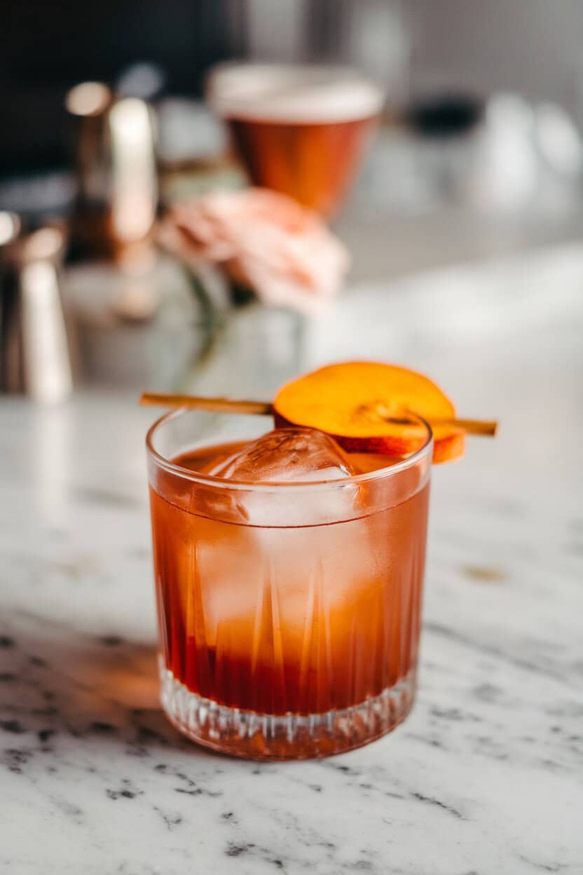 An indoor marble bar top with a short tumbler of Spiced Persimmon Negroni, large ice cube, thin persimmon wheel pressed against glass; no text or logos; photo