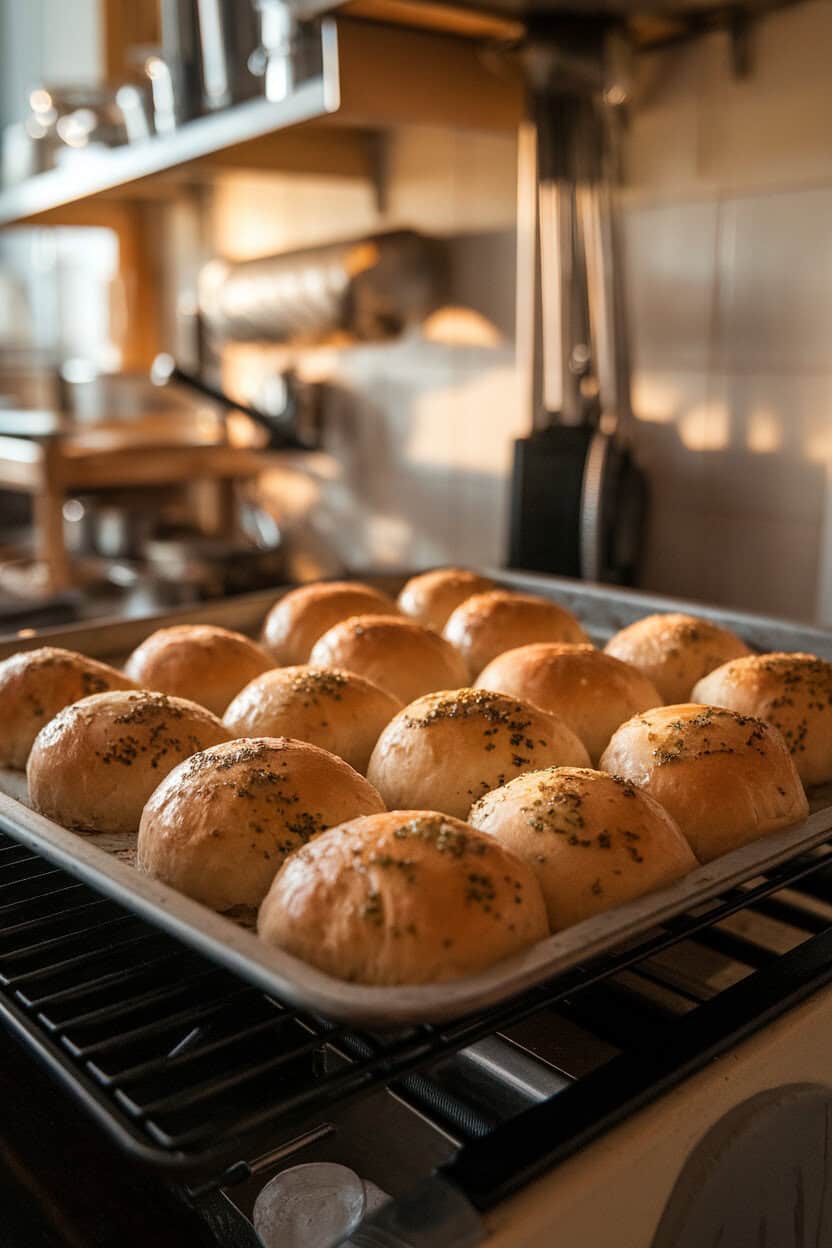 A baking sheet inside a warmly lit kitchen with rows of glossy Parker House rolls brushed in garlic herb butter, tops gently browned. No text or logos. Photo.</Prompt