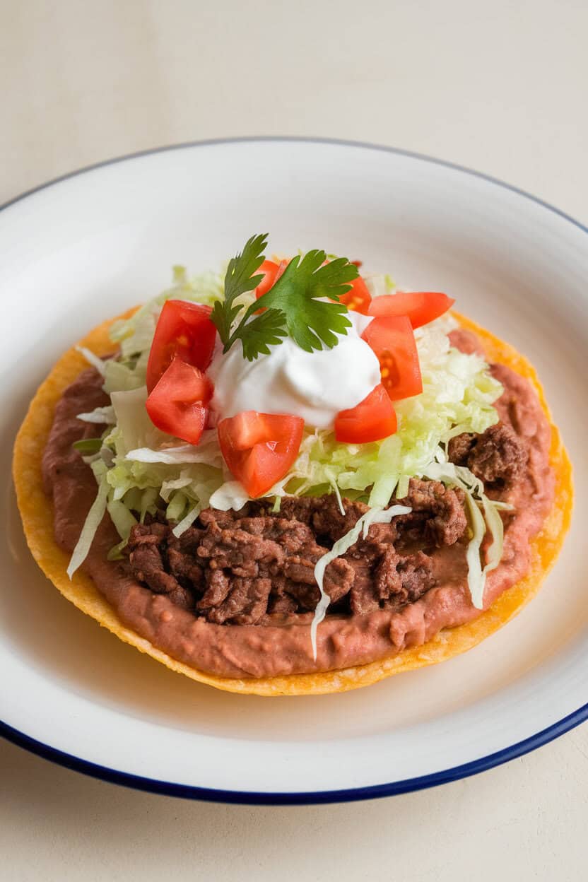Indoor photo of crispy tostada shells layered with refried beans, seasoned beef, shredded lettuce, and diced tomatoes. No text or logos visible.
