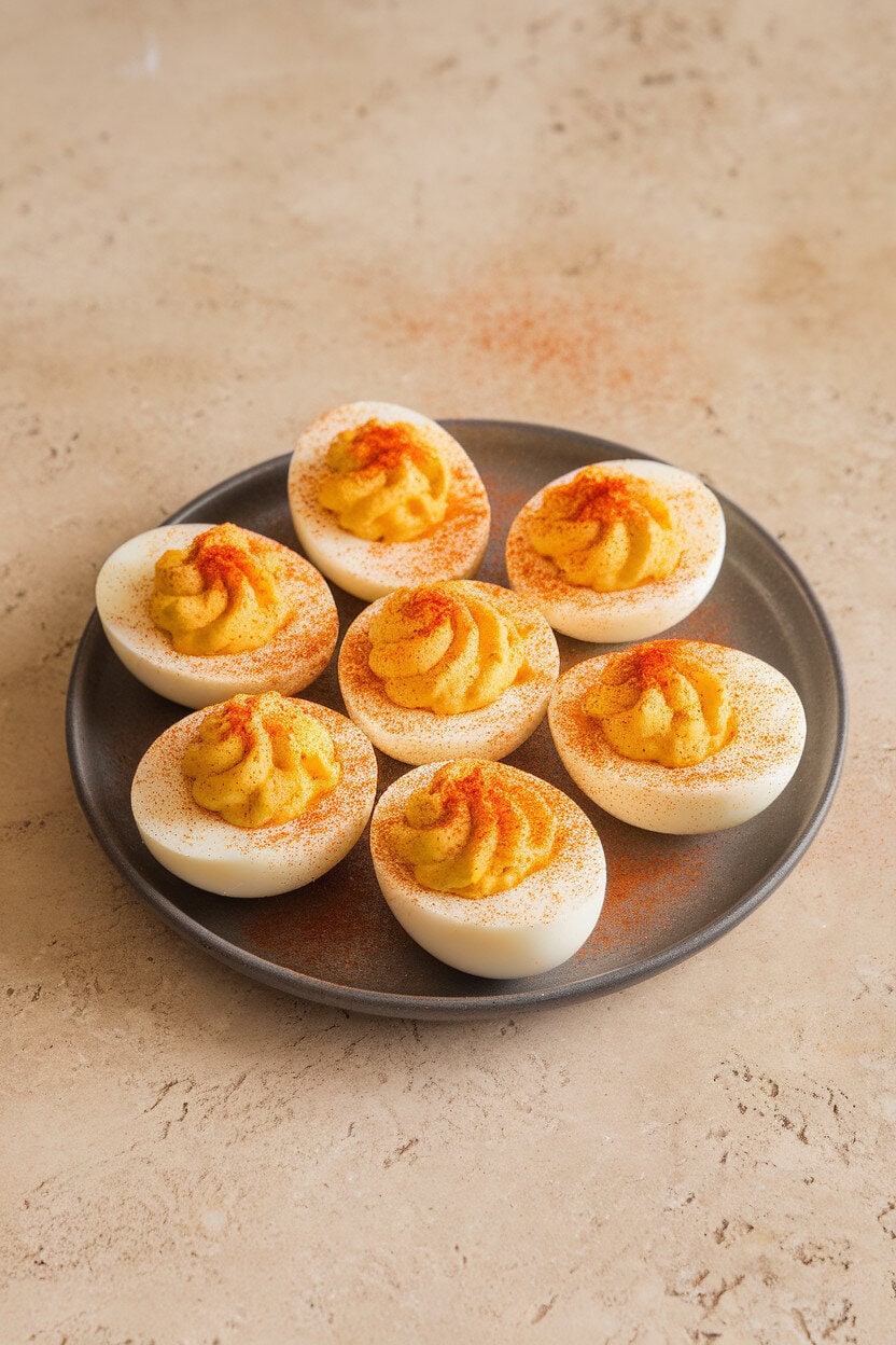 A platter of classic deviled eggs dusted with paprika, positioned on an indoor countertop. No text or logos. Photo, not illustration.