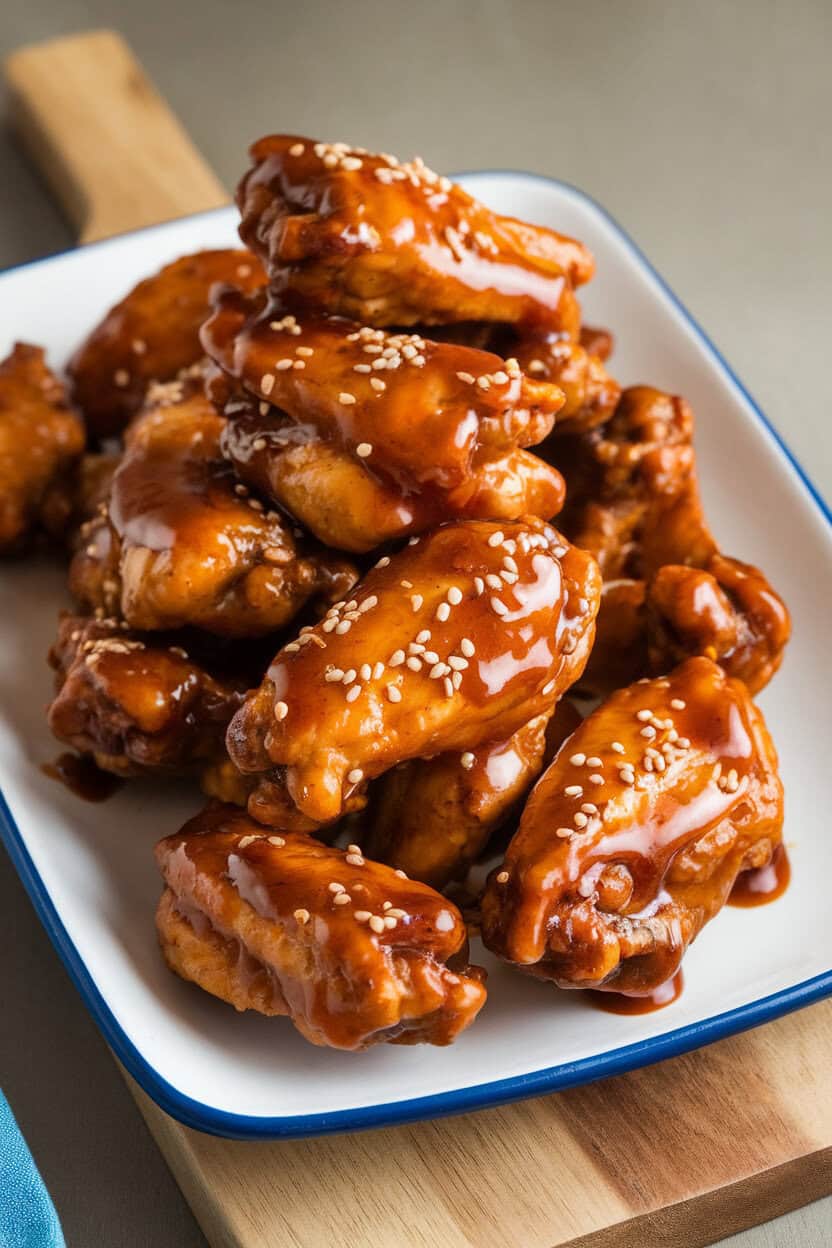 An indoor platter piled high with glazed honey garlic chicken wings, sesame seeds sprinkled on top. No text or logos. Photo, not an illustration.