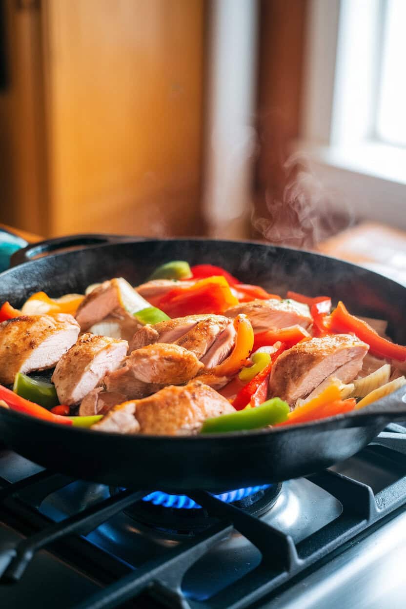 A sizzling cast-iron skillet on an indoor stovetop filled with sliced chicken, bell peppers, and onions, steam visible; no text or logos; photo