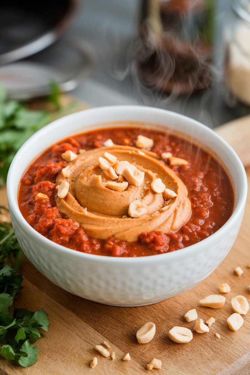 Indoor photo of a bowl of turkey chili with a swirl of creamy peanut butter on top, chopped peanuts sprinkled; no text or logos