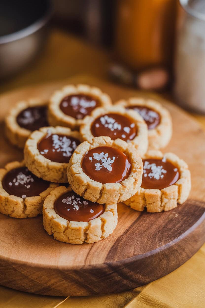 An indoor photo of thumbprint cookies filled with glossy caramel and sprinkled with flaky sea salt, grouped on a wooden board. No text or logos visible.