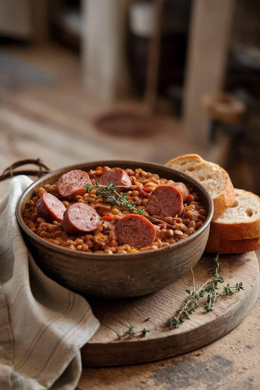A rustic indoor bowl of sausage and lentil cassoulet, slices of browned sausage nestled in a thick lentil stew, garnished with thyme. No text or logos. Photo, not illustration.
