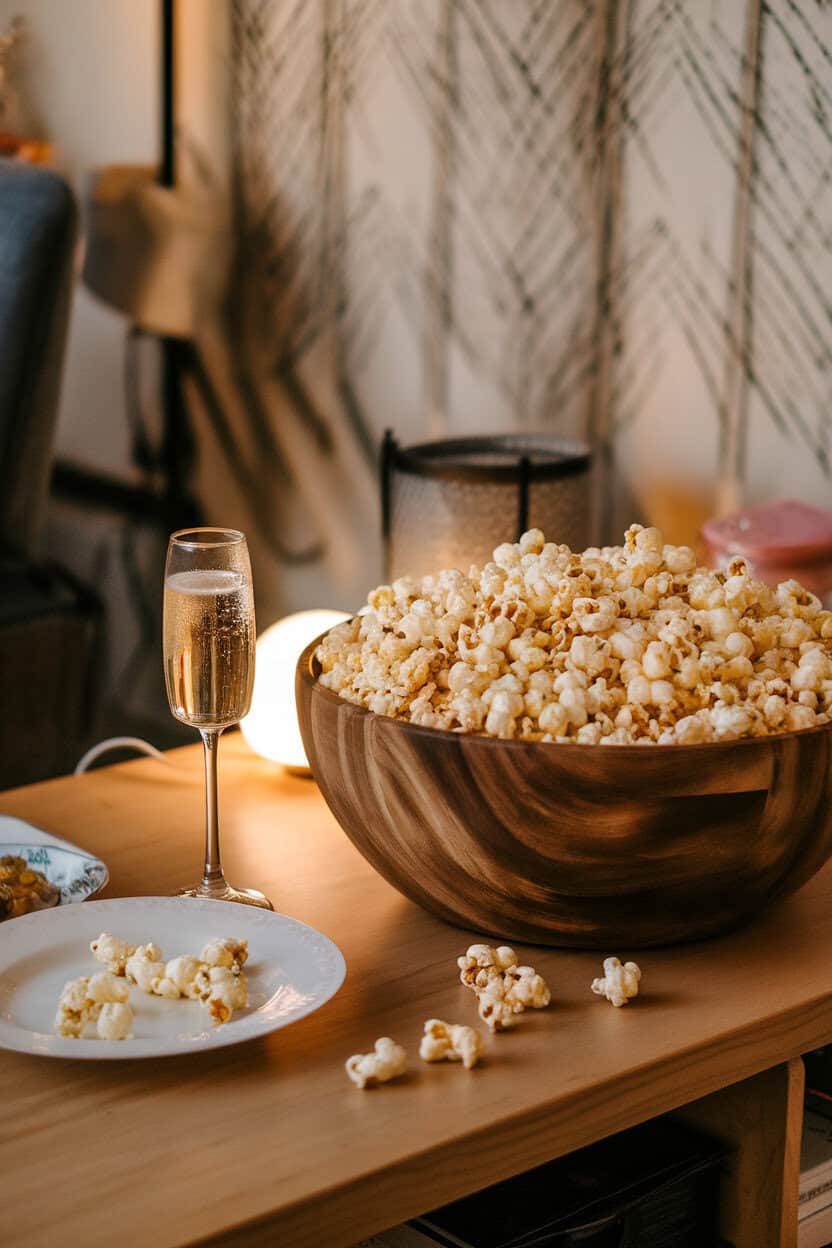 Indoor coffee table scene showing a large wooden bowl of buttered popcorn next to a half-filled champagne flute, cozy lamplight, no text or logos.