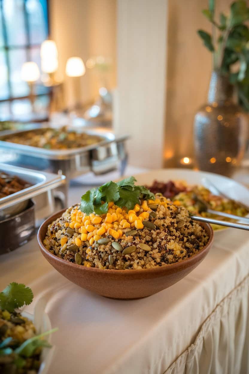 An indoor buffet table featuring a colorful bowl of tri-color quinoa, roasted corn kernels, pumpkin seeds, and cilantro. No text or logos; photo, not illustration.