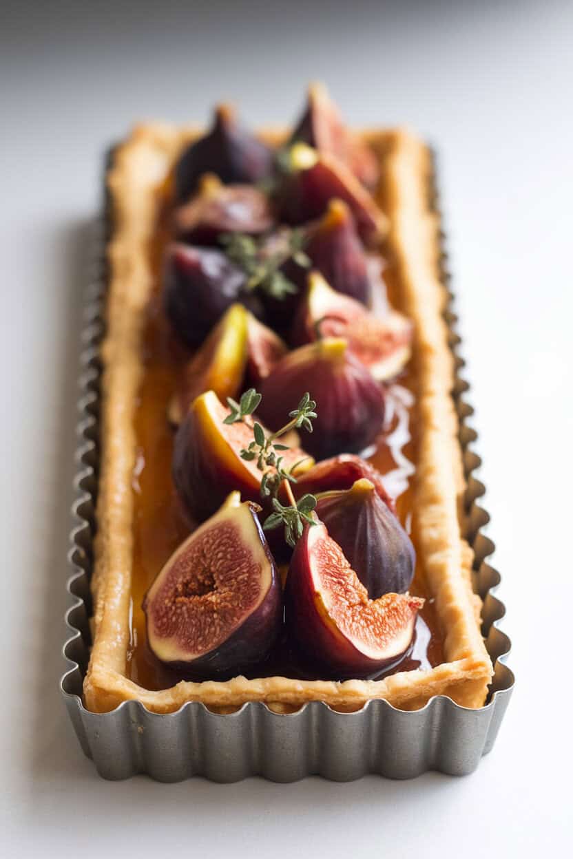 Indoors, a narrow tart pan filled with caramelized figs glistening in honey glaze atop flaky pastry, garnished with thyme sprigs. No text or logos. Photo, not illustration.