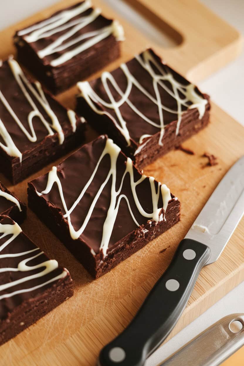 Photo, not illustration — indoor cutting board of dark chocolate brownies drizzled with white chocolate in web patterns, plastic knife nearby; warm kitchen lighting, no text or logos