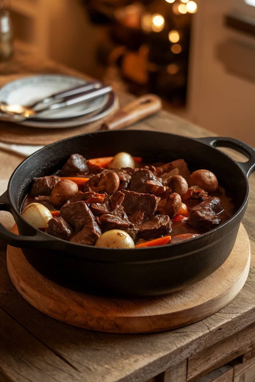 An indoor dining table set with a cast-iron Dutch oven filled with glossy, slow-braised beef bourguignon—chunks of beef, mushrooms, pearl onions, and carrots in a deep red wine sauce. Steam rises gently under warm lighting. Photo only, no text or logos.